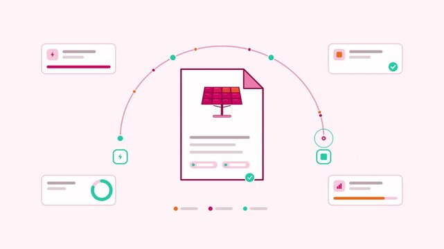 Seamless 4K looping animation showing a renewable energy contract counterparty presented as a two way exchange. Flat vector icons, UI cards and animated connector lines move across a clean light backg