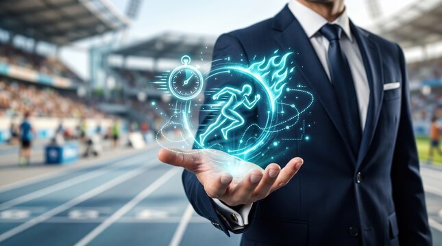 Professional businessman holding glowing futuristic digital hologram interface showing running athlete icon stopwatch timer and fire symbolizing speed performance and athletic excellence within modern