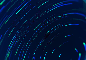Fototapeta premium Abstract luminous dotted curves in blue and turquoise creating a dynamic digital motion background for technology and futuristic design concepts. 3D Rendering
