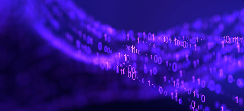 Abstract glowing binary code wave in vivid violet digital space, futuristic technology data flow background concept for cybersecurity and computing design. 3D Rendering