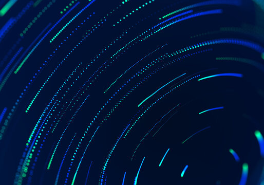Abstract luminous dotted curves in blue and turquoise creating a dynamic digital motion background for technology and futuristic design concepts. 3D Rendering