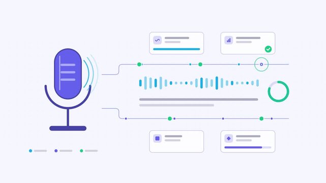 Animated speech to text transcription lines visualised as a process flow in a modern flat vector style. Smooth looping 4K motion graphic with soft blue and azure colours, floating interface cards and 