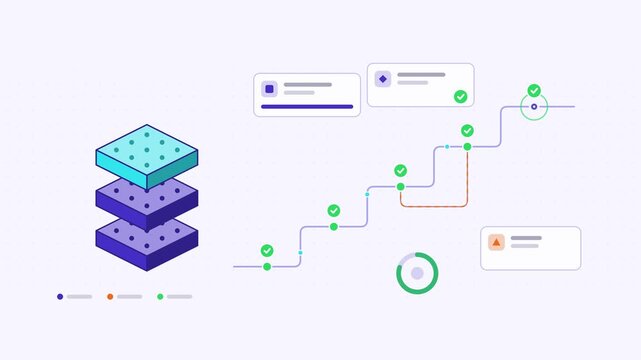 Animated ai model versioning rollback visualised as a stage ladder in a modern flat vector style. Smooth looping 4K motion graphic with soft blue and azure colours, floating interface cards and flowin