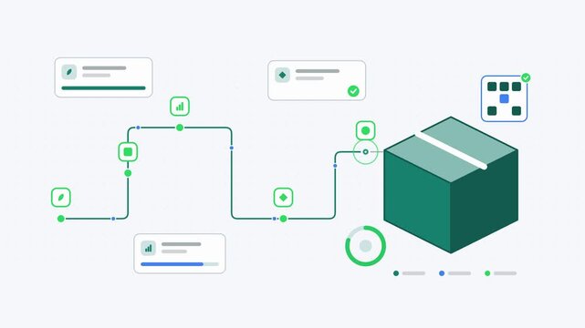 Seamless 4K looping animation showing a supply chain transparency traceability presented as a process chain. Flat vector icons, UI cards and animated connector lines move across a clean light backgrou