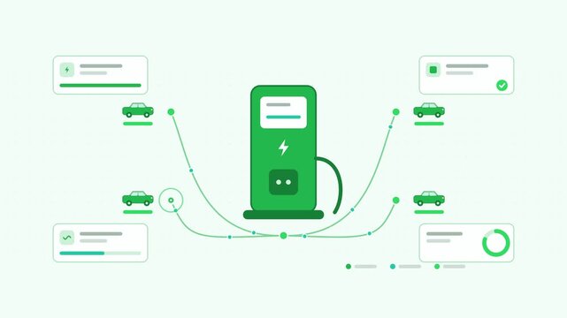 Animated ev charging network station visualised as a node network in a modern flat vector style. Smooth looping 4K motion graphic with soft fresh green colours, floating interface cards and flowing do