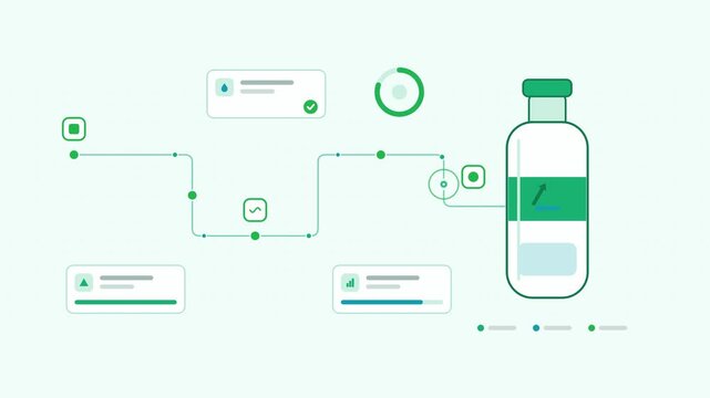 Seamless 4K looping animation showing a plastic recycling bottle remelting presented as a process chain. Flat vector icons, UI cards and animated connector lines move across a clean light background i