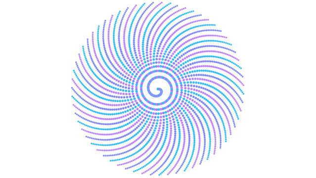 Purple and cyan blue spiral vortex pattern made of small dots on a black background, abstract digital for technology and science