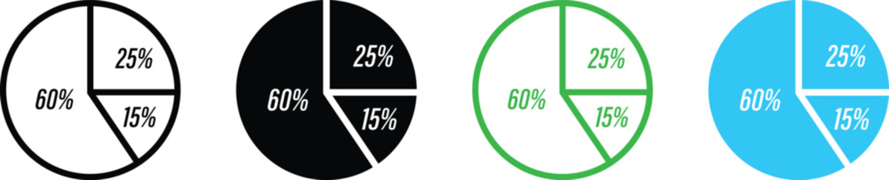 Set of four pie charts with 60, 25 and 15 percent segments in different styles