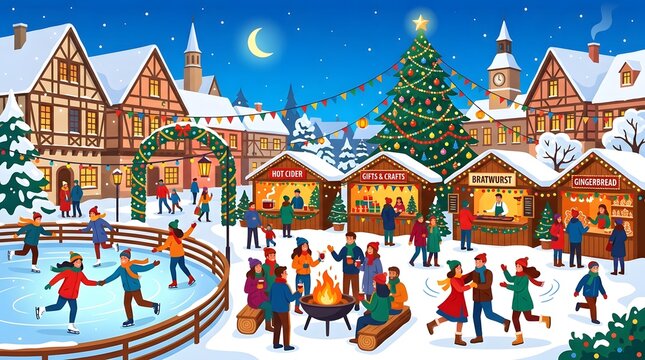 Vector illustration of a festive christmas market with an ice skating rink, a large tree, food stalls, and people enjoying the winter holiday