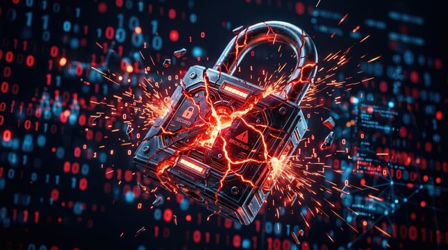 Heavy cyber security padlock breaking down under intense hacker attack with glowing red cracks and digital binary code background in high tech conceptual illustration