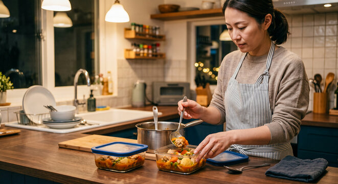 キッチンで作り置き料理を保存容器に分ける女性