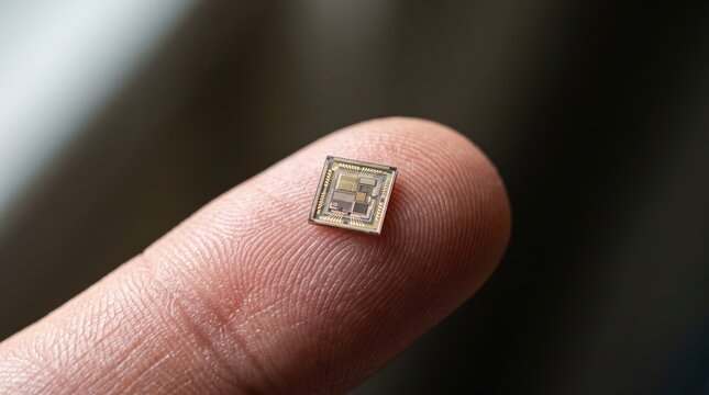 Tiny microchip resting delicately upon a human fingertip showcasing cutting edge semiconductor technology and advanced engineering miniature hardware components for modern electronics innovation