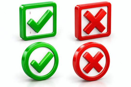 Set of green checkmark and red cross icons representing correct and incorrect choices isolated on white background for design
