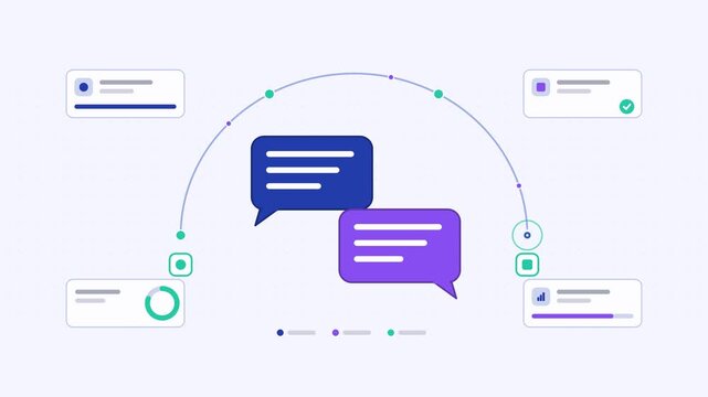 Seamless 4K looping animation showing a text translation bidirectional message presented as a process flow. Flat vector icons, UI cards and animated connector lines move across a clean light backgroun