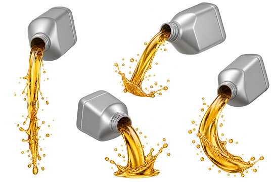 Motor Oil Pouring From Metal Cans On Isolated Transparent Background
