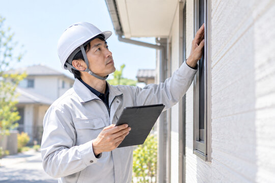 住宅の窓まわりを点検する男性作業員