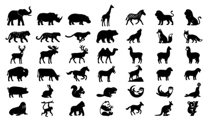 Obraz premium Solid Mammal Glyph Icons Collection Featuring Safari Wildlife Farm and Exotic Animals