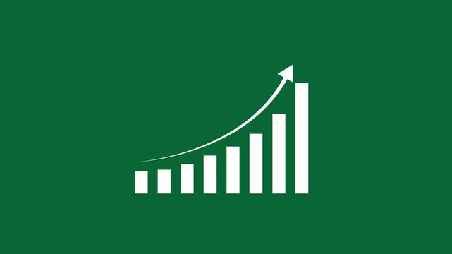 Dynamic animated bar chart with rising arrow on a solid green background, representing financial growth, business success, positive, market trends, economic, recovery, and statistical, data analysis