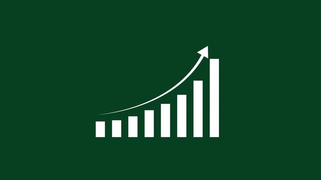 Dynamic animated bar chart with rising arrow on a dark green background, representing business growth, financial success, market trends, data analysis, economic progress, and corporate performance