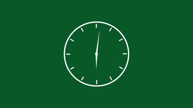 Minimalist white clock face animation spinning rapidly on a solid dark green background, representing the passage, of time, deadline, pressure, efficiency, and, chronological progression for business
