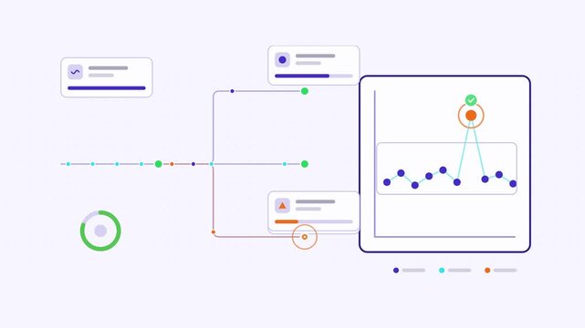 Animated anomaly detection outlier branch flagging visualised as a process flow in a modern flat vector style. Smooth looping 4K motion graphic with soft soft neutral colours, floating interface cards