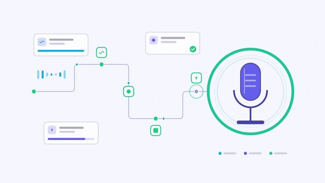 Animated voice command processing action visualised as a process chain in a modern flat vector style. Smooth looping 4K motion graphic with soft teal and turquoise colours, floating interface cards an
