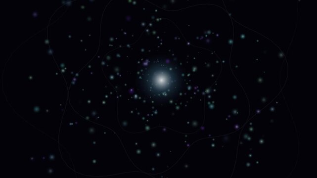 Looping abstract cosmic scene with bright central core and scattered multicolored particles