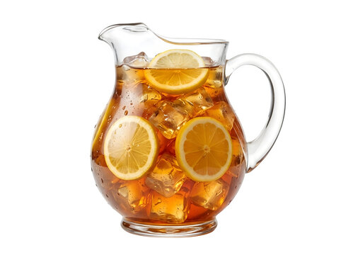 A clear glass pitcher filled with cold refreshing iced tea lemon slices and many ice cubes on a transparent background