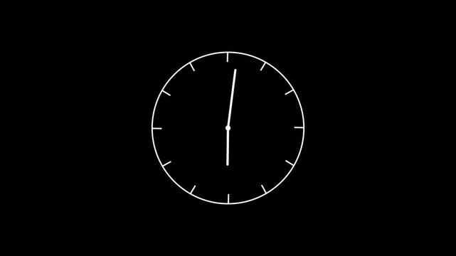 Minimalist white analog clock face animation isolated on black background, representing time passing, business deadlines, scheduling, efficiency, productivity, and chronological progression concepts