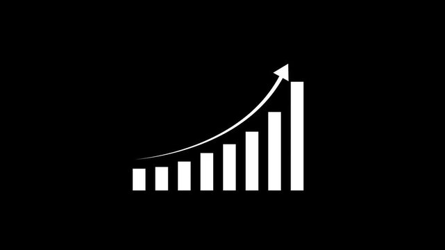 Dynamic white bar chart animation with rising arrow trend line on a solid black background, representing financial growth, business success, market, expansion, economic recovery, and positive data