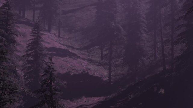 As dusk settles in, towering trees create silhouettes against the magical twilight, their outlines softened by a gentle mist. The purple tones envelop the landscape in mystery and allure.