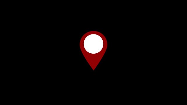 Minimalist red map location pin pulsing on solid black background, digital navigation symbol for gps tracking, travel destination marker, web interface for mapping and logistics