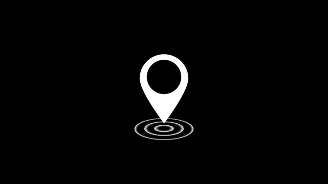Animated map pin pointer with pulsing radar waves effect on a clean black background, for modern digital, navigation, gps tracking, location services, and, interactive user interface projects