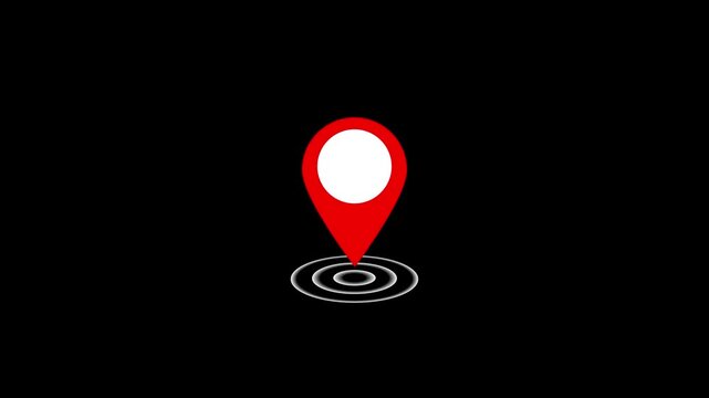 Animated red map location pin with pulsing radar ripple effect on transparent background, for gps navigation, travel planning, digital, mapping, and modern, user interface
