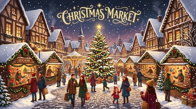 Festive christmas market scene with a decorated tree, wooden stalls, and people walking in a snowy european town square at night