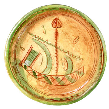 Byzantine sgraffito splashware ceramic bowl (11th-12th century AD). Medieval glazed pottery dish with incised ship motif inspired by Chinese Sancai technique, historical art. Artwork.