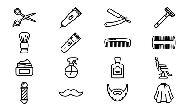 Minimal Barbershop Line Icons for Haircut Shaving Beard Grooming and Barber Tools