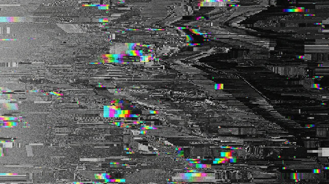 Corrupted digital glitch art texture with monochrome noise and colorful pixelated data distortion.