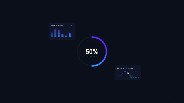 Digital data dashboard with neon blue progress rings and charts