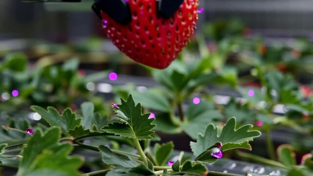 Robotic gripper approaches and lifts ripe strawberry among green leaves and flowers in a controlled agricultural greenhouse, demonstrating automated fruit harvesting technology