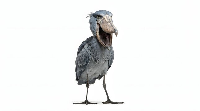 Shoebill stork standing on a white background with open beak