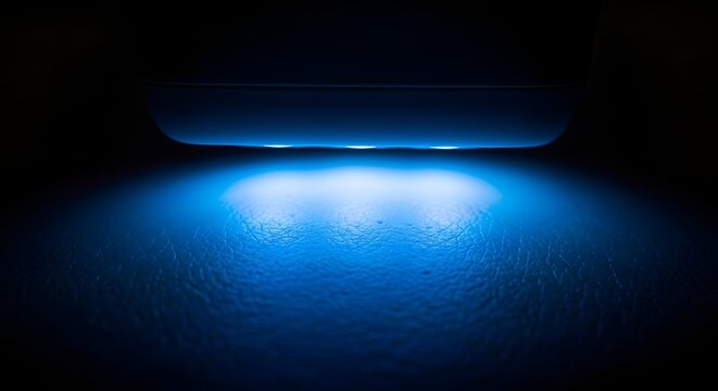AI generated futuristic blue led light illuminating leather texture for luxury car or tech product background