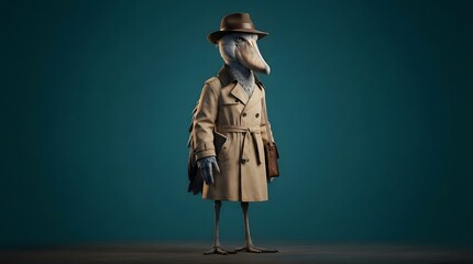 Fototapeta premium Anthropomorphic bird detective in trench coat and hat on blue background