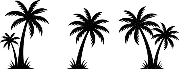 Collection of exotic black coconut palm tree silhouettes for tropical summer vacation designs and island landscape elements © Suvankor