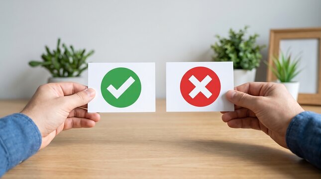 Right vs Wrong: Hands Holding Green Checkmark and Red Cross Cards for Yes or No Decision Making, True or False Choice, Approval and Rejection Concept.