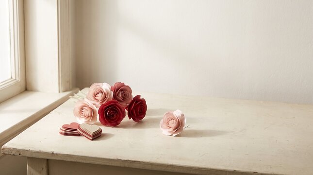 Delicate handmade paper flowers and charming heart cookies bathed in soft window light, creating a sweet and romantic still life scene perfect for heartfelt occasions