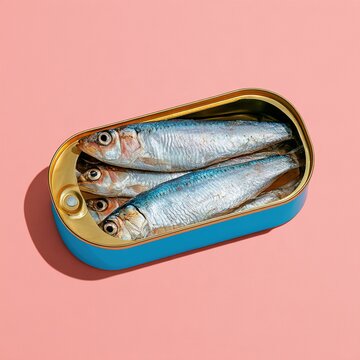 Sardines in open blue tin can on pink background