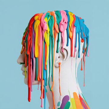 Human head painted with colorful dripping paint art