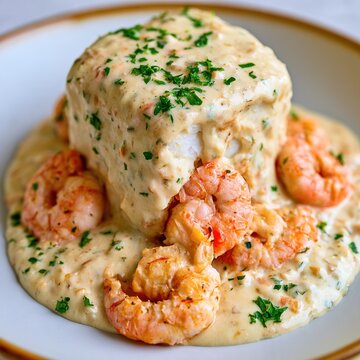 Seafood dish with fish, shrimp, and creamy sauce