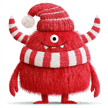 Red furry monster wearing knitted hat and scarf